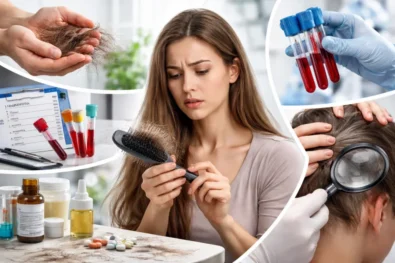 Hair loss in the UK explained: real causes, essential blood tests, stress-related shedding and natural products such as rosemary oil, onion juice and caffeine shampoos that can support regrowth.