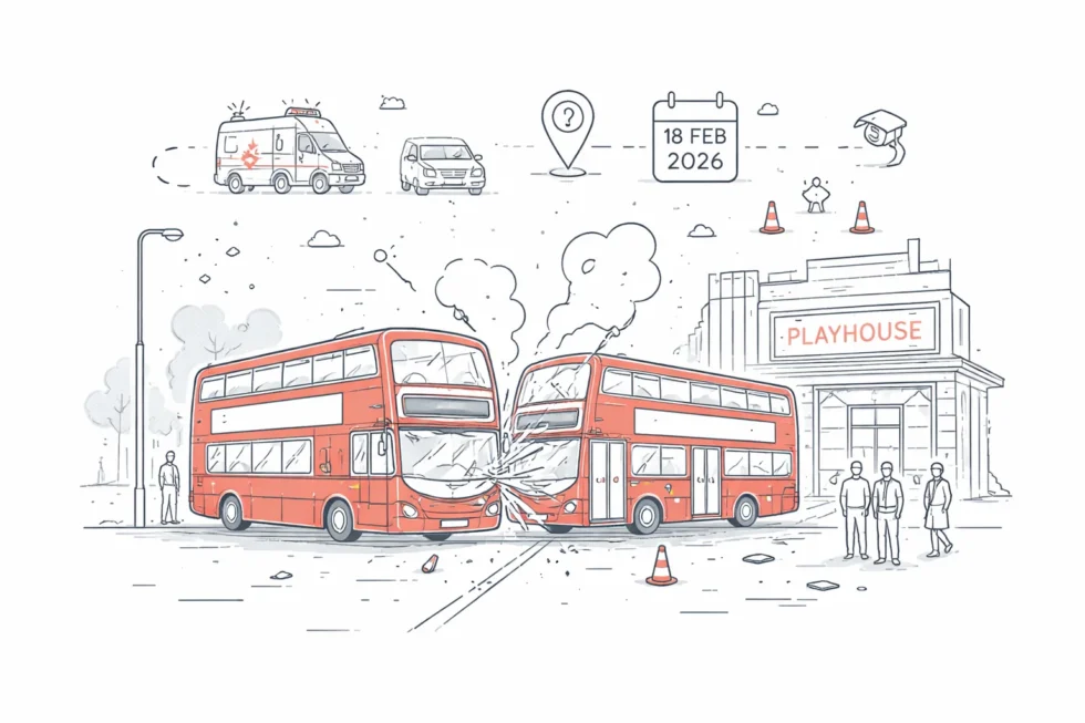 Two London double-deckers collided on Newington Causeway, Southwark, on 18 Feb 2026; one hit Southwark Playhouse Borough. Six hospitalised, no life-threatening injuries.