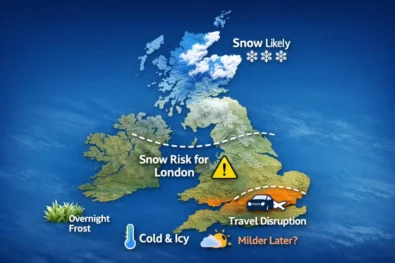 Snow forecast UK for Saturday, 22 February: where snow may fall, London snow risk, UK weather warnings, overnight frost, travel disruption and when conditions are expected to turn milder.