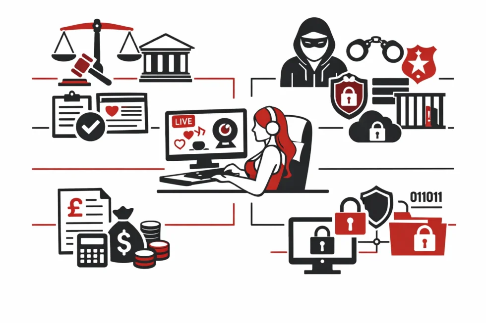 What does UK law say about webcam modelling in London in 2026? Legal status, criminal boundaries, Online Safety rules, tax obligations and data protection in the UK online adult industry.