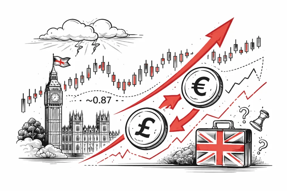EUR/GBP rises above 0.87 as UK political risk pressures the pound. Analysis of BoE policy, ECB outlook, rate differentials, capital flows, and technical levels driving the currency move.