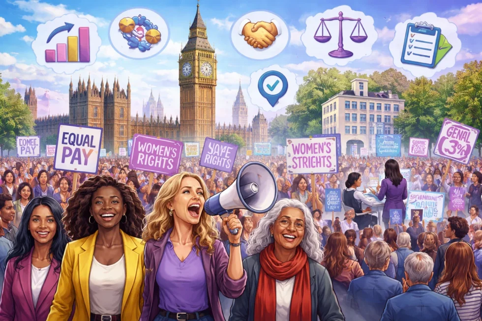 International Women’s Day 2026 in London and across Britain: history, gender pay gap data, public debates, business impact, safety reforms and global relevance of 8 March in the UK.