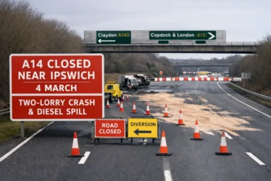 A14 near Ipswich remains partially closed on 4 March after a late-night crash involving two lorries between Claydon and Copdock. Emergency crews and air ambulance attended while diesel spill blocks lanes.