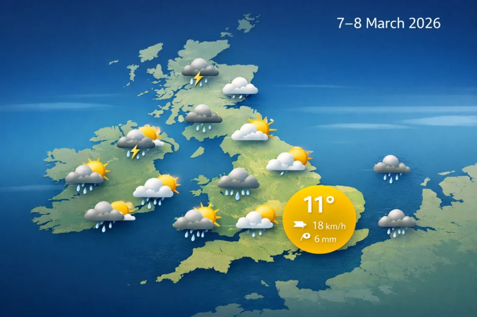 Weather forecast London and UK weekend 7–8 March 2026: cloud, sunshine and scattered showers expected across Britain. Detailed London weather forecast with temperatures, wind and rain outlook.