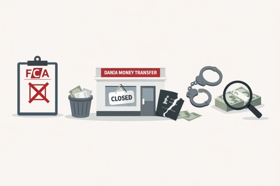 FCA cancels Dania Money Transfer registration as a Small Payment Institution after compliance failures under UK Payment Services Regulations and money laundering rules governing money transfer firms.