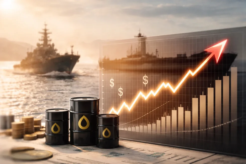 Oil prices today surge as Iran war oil tensions threaten the Strait of Hormuz. Oil price chart shows rising crude costs, supply risks and global economic impact.