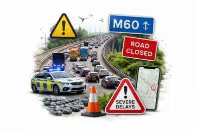 M60 traffic disruption in Manchester after police incident on Barton Bridge. Motorway shut in both directions, severe delays and queues near Trafford Centre. Live verified updates for drivers.