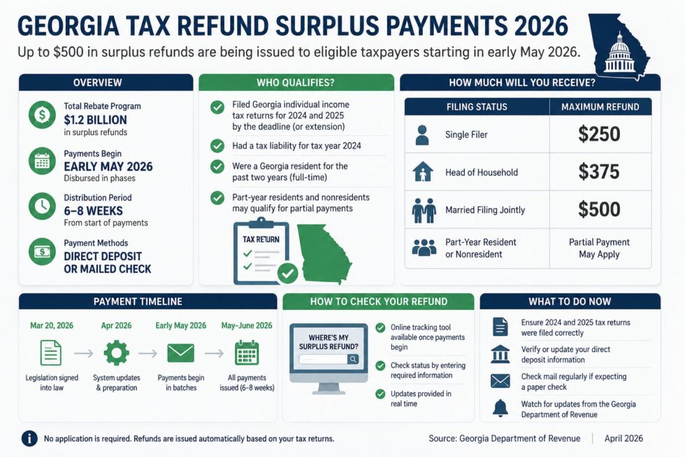 Georgia tax refund surplus payments of $250–$500 are being issued in phases in 2026. Eligible residents who filed returns may receive checks or deposits within six to eight weeks.