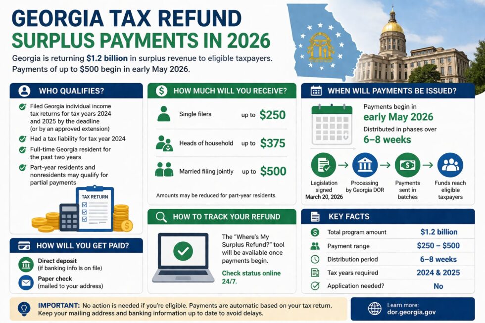 Georgia tax refund surplus payments of $250–$500 are being issued in phases in 2026. Eligible residents who filed returns may receive checks or deposits within six to eight weeks.