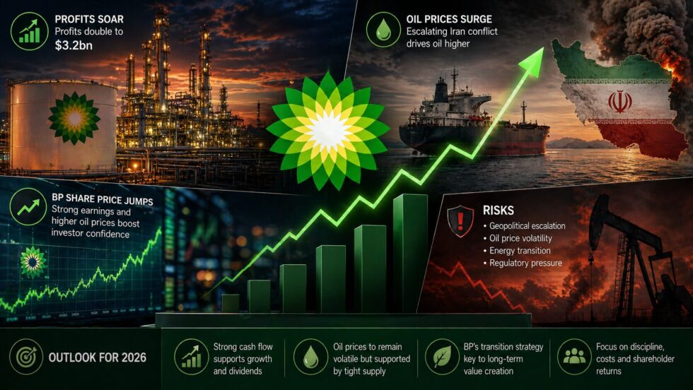 BP share price jumps after profits double to $3.2bn as oil prices surge amid Iran conflict. Detailed analysis of BP earnings, risks, leadership shift and outlook for 2026 investors.
