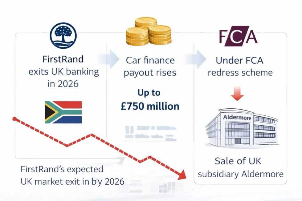 FirstRand exits UK banking as firstrand car finance payout rises to £750m, forcing Aldermore sale and exposing deeper risks in Britain’s car finance system and regulatory pressure
