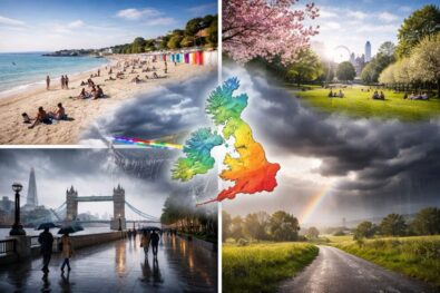 Weather forecast for 10 April 2026 across Britain as weather UK shifts after heat wave conditions, temperature falls sharply, weather this week turns cooler, with weather in London changing fast.