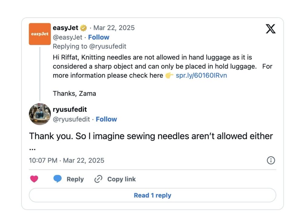 easyJet cabin baggage rules 2026: knitting needles banned from hand luggage on UK flights, passengers must use hold luggage, costs from £20–£40+, policy clarified April 10