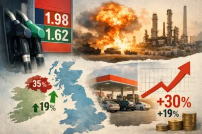 Diesel prices UK April 2026 surge 30% after Iran conflict as Northern Ireland sees 35% rise, London costs reach &pound;95 per tank, fuel prices continue to climb