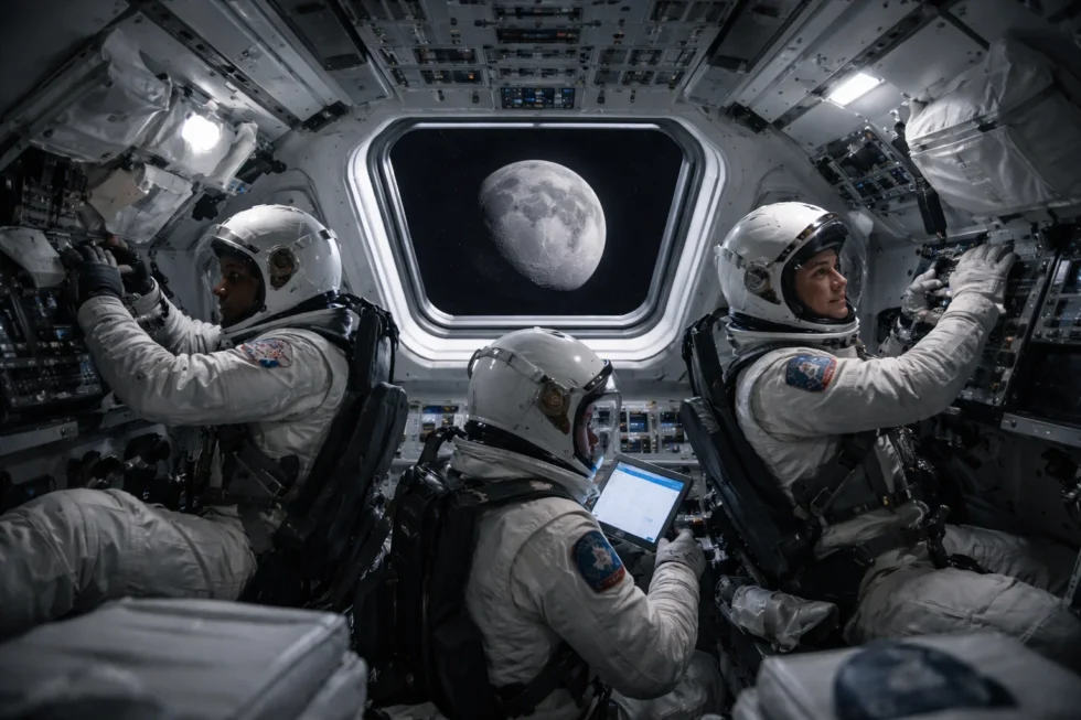 Artemis II Flight Day 3: Orion crew prepares cabin for lunar flyby, cancels trajectory burn and confirms Moon visibility, reports Renewz citing NASA.