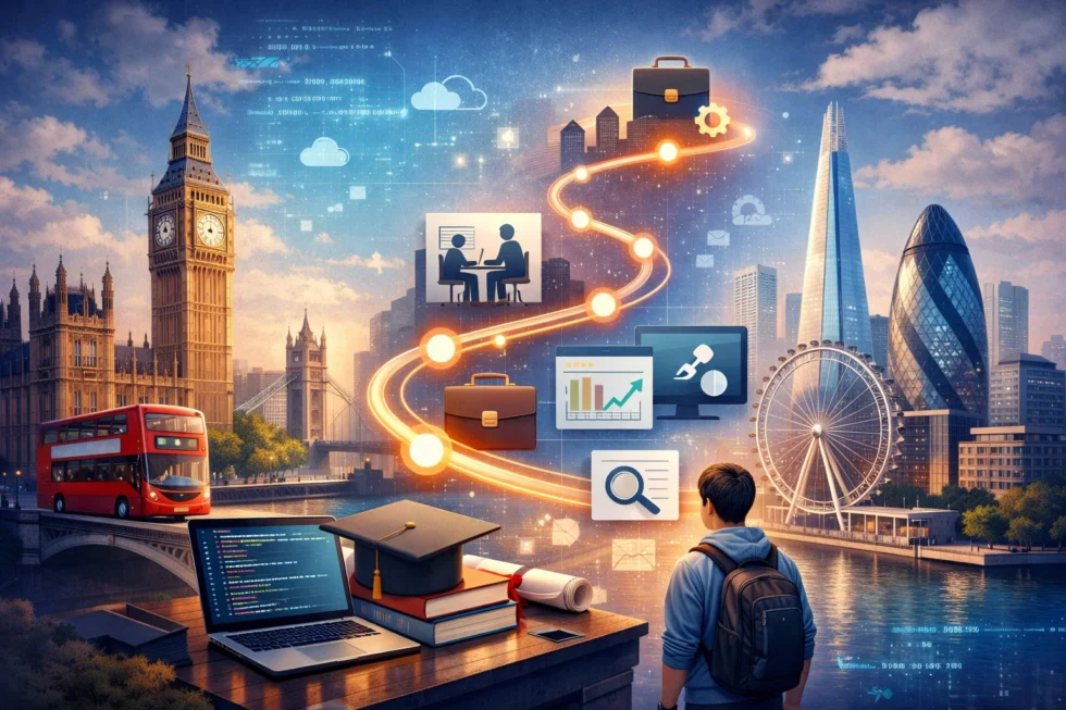 London IT 2026: how to start IT career in London without a degree, best courses for beginners, real job outcomes, junior salaries and timeline to first job.