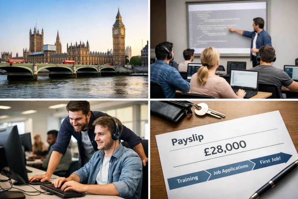 London IT 2026: how to start IT career in London without a degree, best courses for beginners, real job outcomes, junior salaries and timeline to first job.