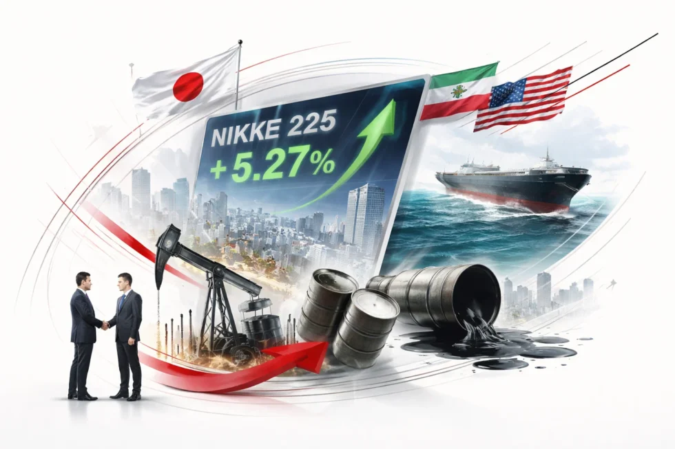 Nikkei 225 surges over 5% as oil prices plunge after US-Iran ceasefire tied to Strait of Hormuz, boosting Asia markets, easing inflation outlook and shifting global rate expectations.