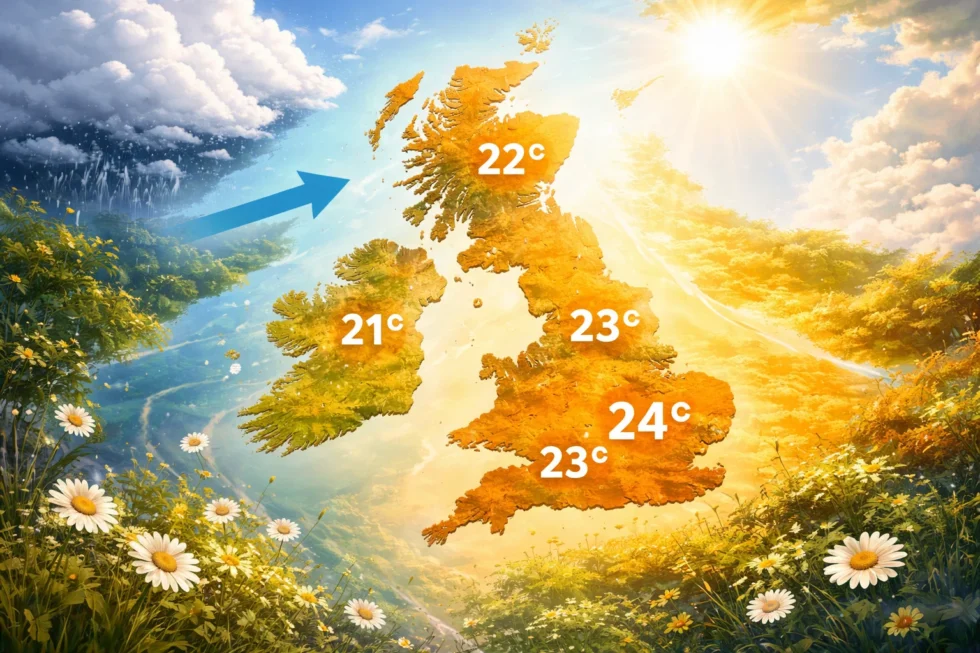 Weather tomorrow 9 April in London and UK sees 22–24°C peak warmth before a sharp Atlantic cooldown, as Met Office signals rapid spring shift with falling temperatures and rising pollen levels