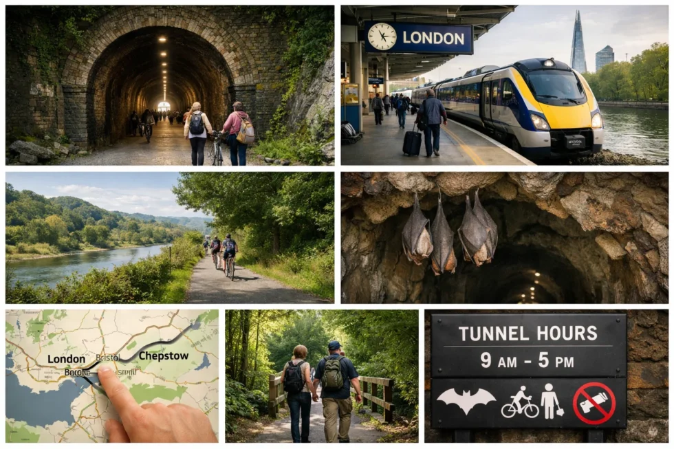 Tidenham Tunnel reopening 2026 near Chepstow with exact coordinates, opening times, travel from London, access rules, Wye Valley Greenway route, bat protection and visitor guidance.