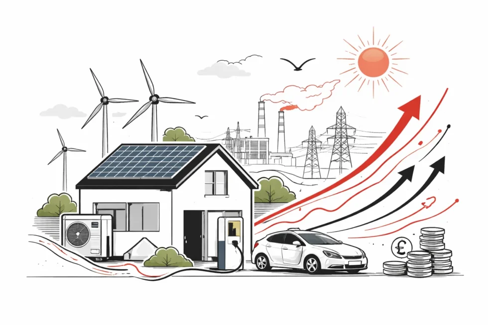 Energy in UK surges as homes switch to green energy amid Iran war, gas prices jump 42%, bills set to rise 18% in July 2026, wind and solar save £7m daily and cut gas dependence across Britain.