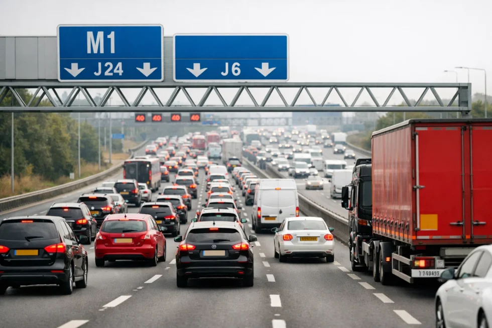 M1 traffic today is slowing as congestion builds at J6, J24 and key junctions, with delays expected into the evening. Drivers face disruption across one of the UK’s busiest motorway routes.
