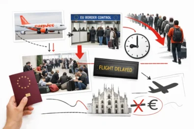 EasyJet passengers face EU border delays as new Entry Exit System causes long queues, missed flights and extra costs at Milan Linate and across Schengen travel routes.