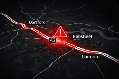 A2 traffic chaos London-bound after crash near Ebbsfleet on 14 April 2026. Gridlock hit Dartford and Gravesham routes as queues built fast. Road reopened but delays remain across Kent corridor.
