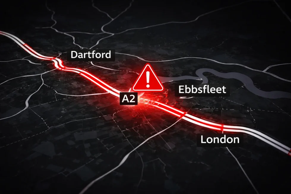 A2 traffic chaos London-bound after crash near Ebbsfleet on 14 April 2026. Gridlock hit Dartford and Gravesham routes as queues built fast. Road reopened but delays remain across Kent corridor.
