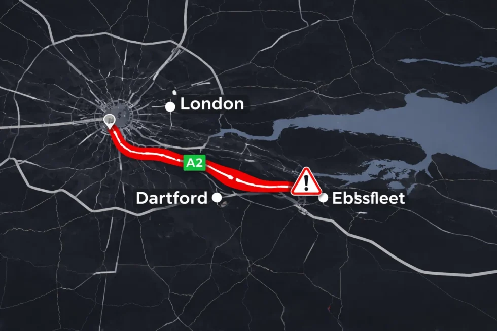 A2 traffic chaos London-bound after crash near Ebbsfleet on 14 April 2026. Gridlock hit Dartford and Gravesham routes as queues built fast. Road reopened but delays remain across Kent corridor.