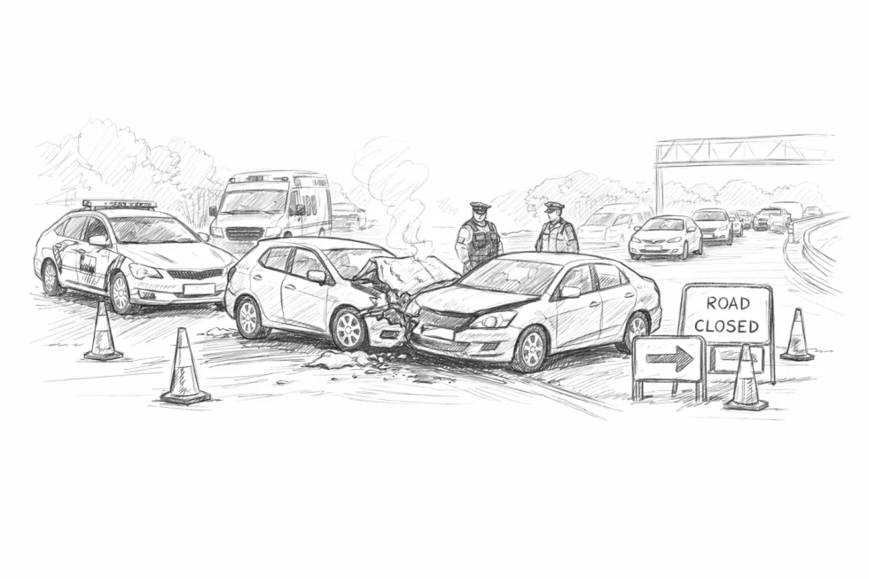 Traffic watch NI updates show Co Antrim road closure after crash and earlier M1 Sprucefield disruption, with PSNI advice, diversions and reopening details affecting drivers across Northern Ireland travel routes.