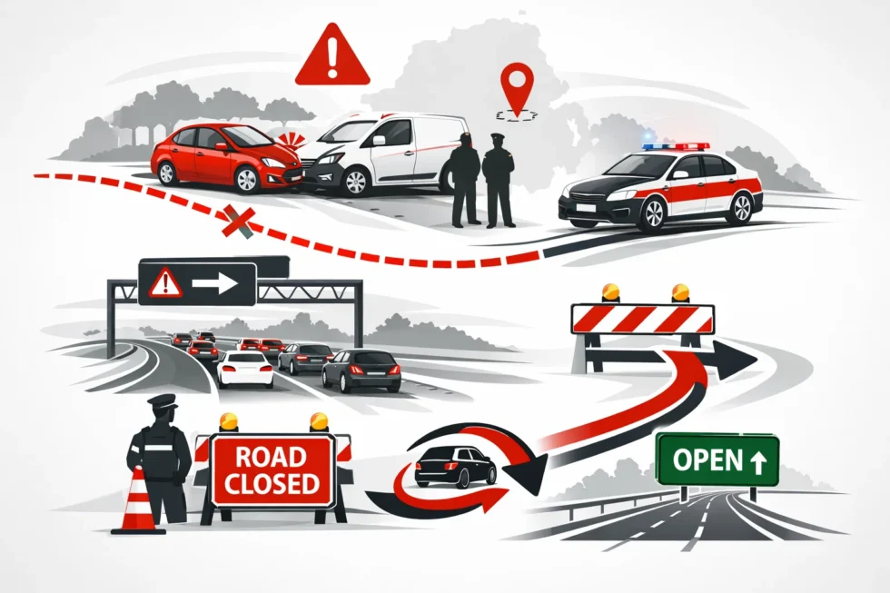 Traffic watch NI updates show Co Antrim road closure after crash and earlier M1 Sprucefield disruption, with PSNI advice, diversions and reopening details affecting drivers across Northern Ireland travel routes.