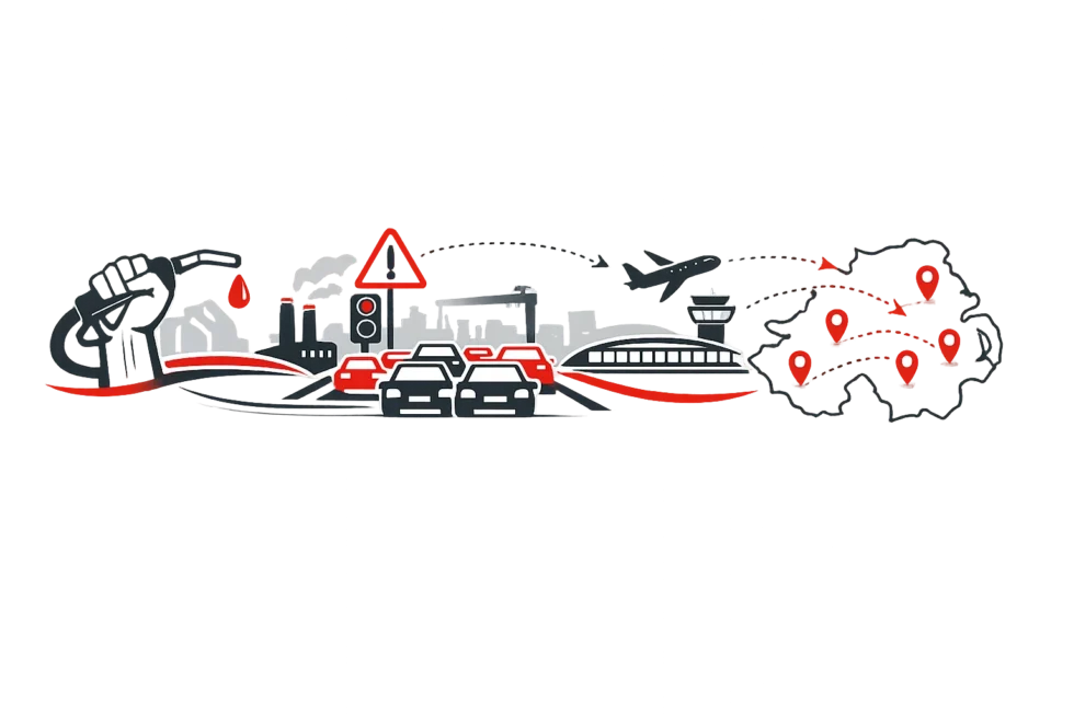 Fuel protests NI disrupt traffic watch NI as Sydenham Bypass near Belfast City Airport faces major delays. BBC News NI and Belfast Live report spreading disruption across Northern Ireland.