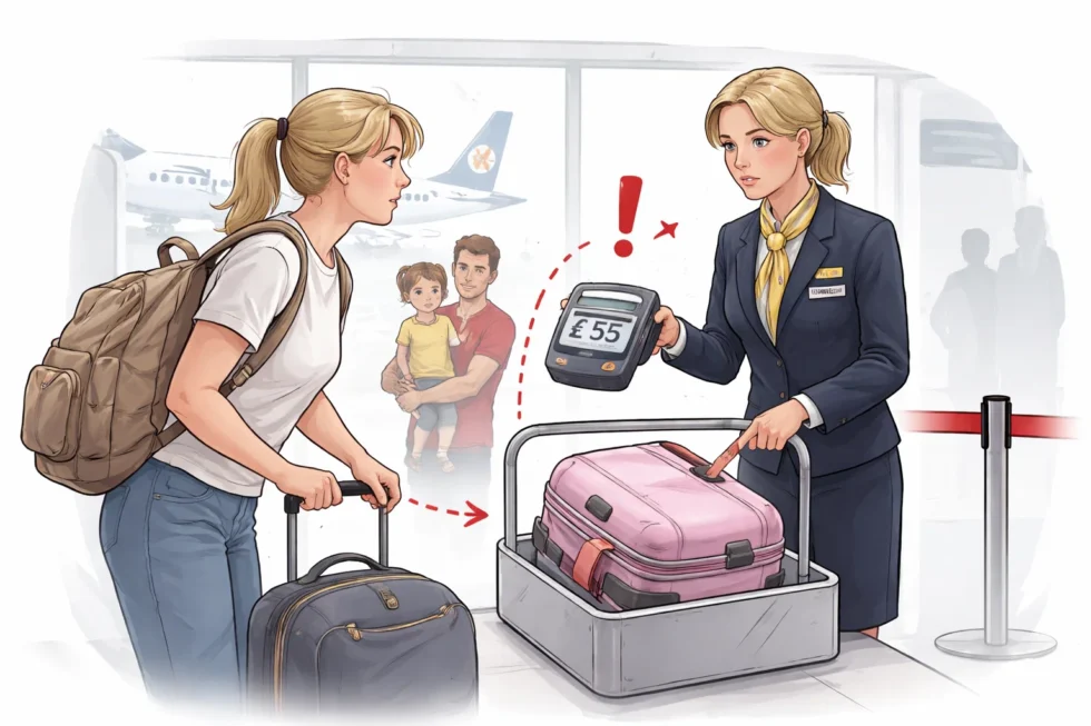 Ryanair baggage dispute sees mum charged £55 over child suitcase at Budapest Airport, exposing gaps between policy wording and strict enforcement of cabin bag size rules at boarding gates.