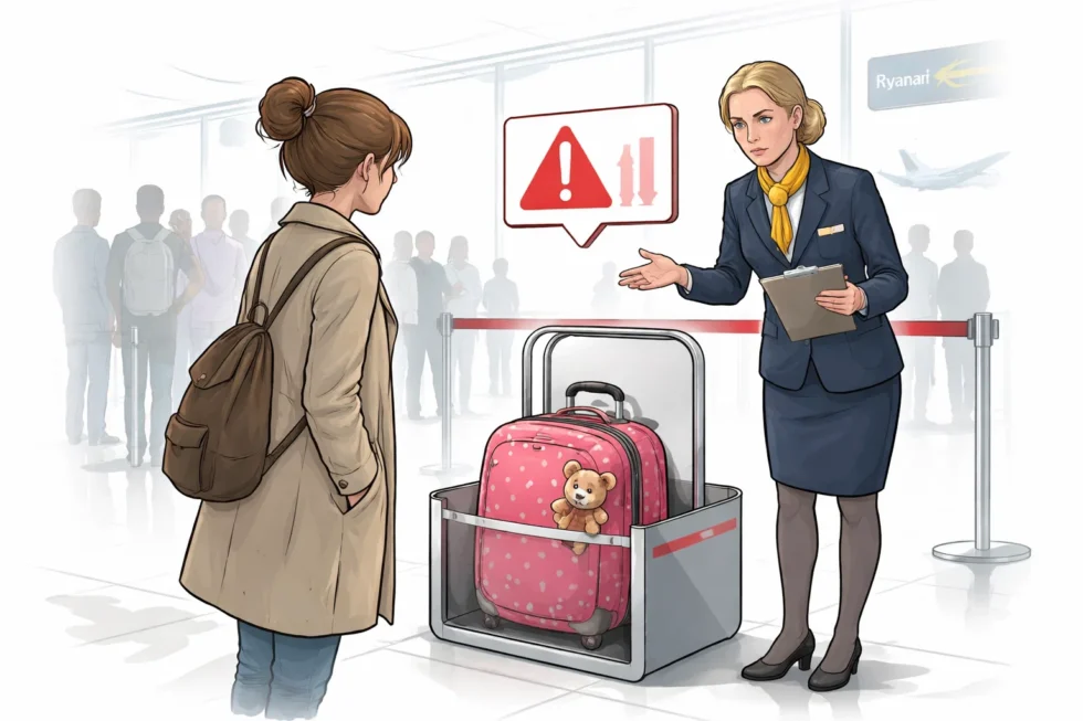 Ryanair baggage dispute sees mum charged £55 over child suitcase at Budapest Airport, exposing gaps between policy wording and strict enforcement of cabin bag size rules at boarding gates.