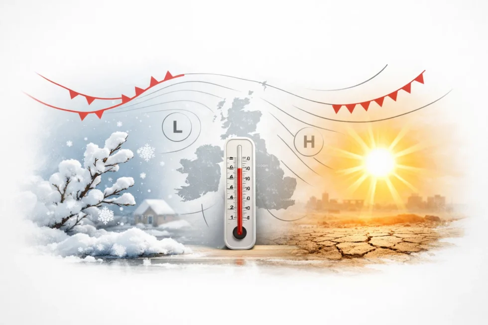 Met Office weather headline review 16 April 2026 examines UK weather forecast April snow claims and Arctic blast scenarios, showing limited snow risk, seasonal temperatures and a shift to more settled UK weather next week