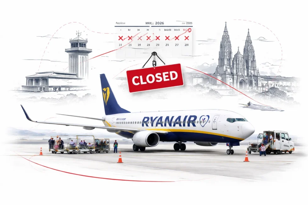 Ryanair BA Spain flights cancelled as Santiago de Compostela airport closure shuts all flights from 23 April to 27 May 2026, impacting UK routes and forcing passengers to reroute.
