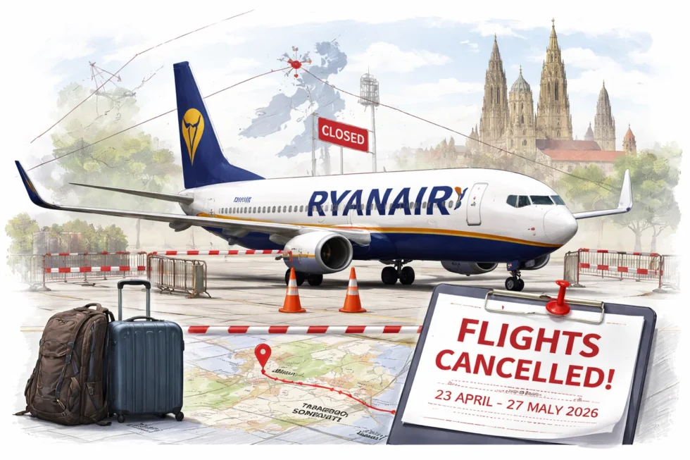 Ryanair BA Spain flights cancelled as Santiago de Compostela airport closure shuts all flights from 23 April to 27 May 2026, impacting UK routes and forcing passengers to reroute.