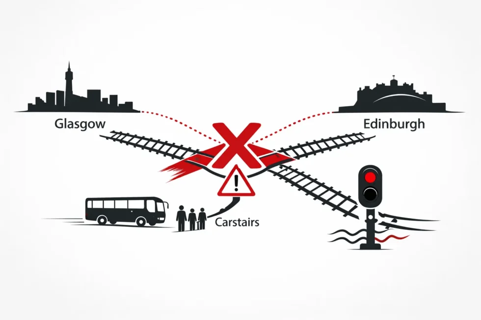 Glasgow Edinburgh rail disruption forces ScotRail to cancel trains via Carstairs on 17 April as Network Rail engineering works close lines and signalling fault near Paisley adds delays