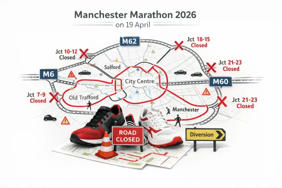 Manchester Marathon 2026 on 19 April route details with precise M6 M60 M62 closure times junctions and road restrictions affecting travel traffic and access across Greater Manchester weekend
