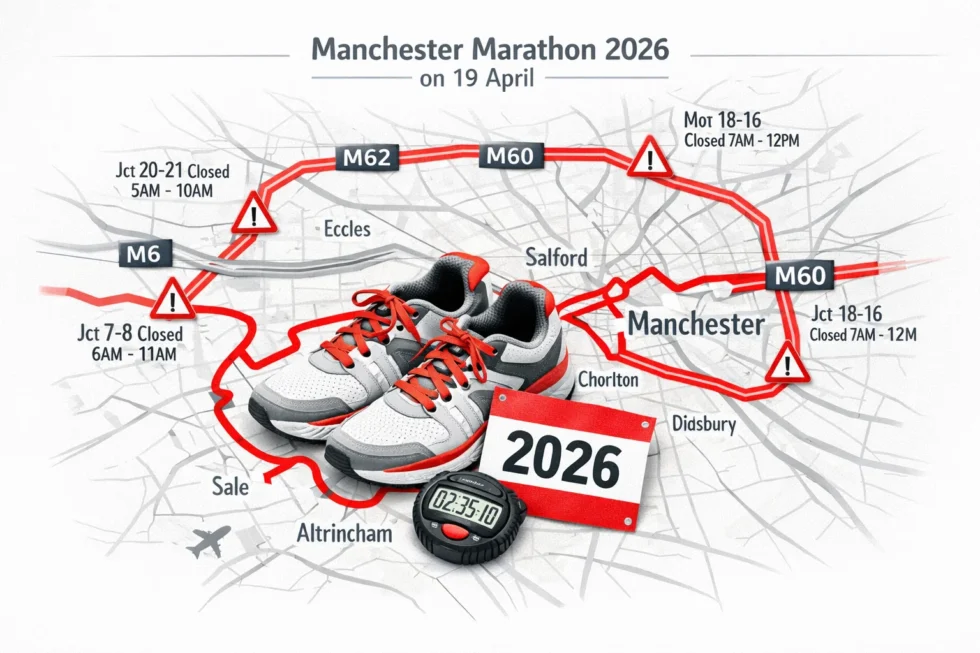 Manchester Marathon 2026 on 19 April route details with precise M6 M60 M62 closure times junctions and road restrictions affecting travel traffic and access across Greater Manchester weekend