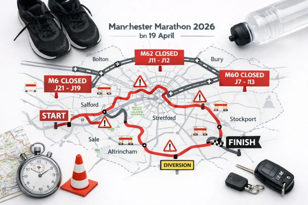 Manchester Marathon 2026 on 19 April route details with precise M6 M60 M62 closure times junctions and road restrictions affecting travel traffic and access across Greater Manchester weekend
