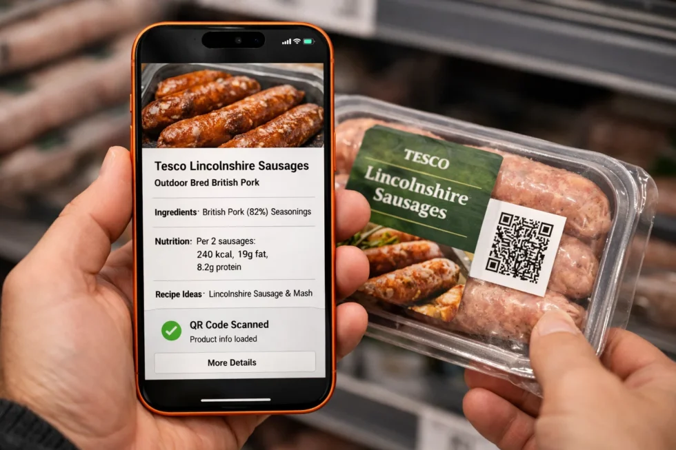 Tesco QR codes rollout replaces traditional barcodes across UK supermarket food ranges, starting with sausages, offering shoppers richer product data, traceability, waste reduction and recall control.