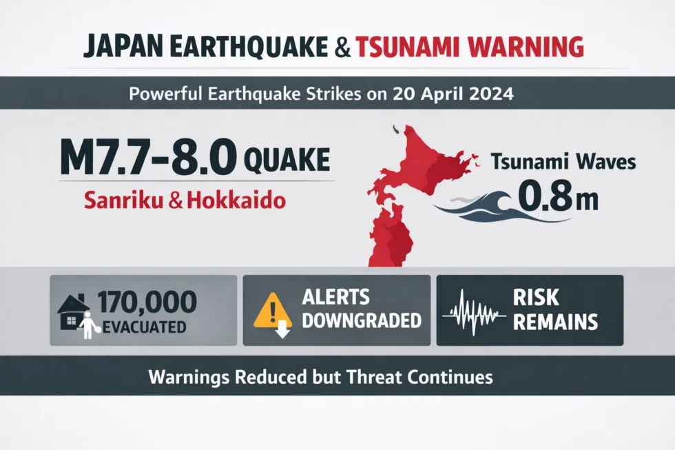 Japan earthquakes tsunami warning: Japan earthquake today on 20 April (7.7–8.0) triggers tsunami warning across Sanriku and Hokkaido, ~170,000 evacuated, waves ~0.8m, alerts downgraded but risk persists