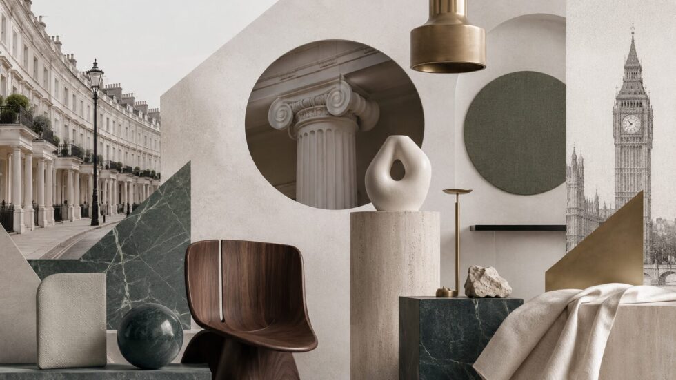 Minimalist London design collage with Pimlico architecture, modern furniture and red black graphic lines reflecting London Craft Week 2026 Belgravia series