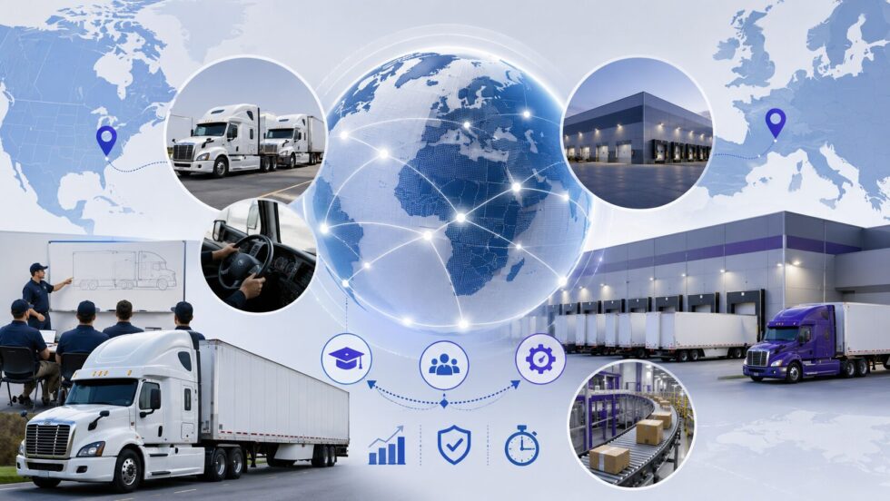FedEx logistics infographic showing European freight hub expansion in Duiven, CDL driver training in Arkansas, cargo trucks, warehouses, dock doors and global supply chain connections in 2026.