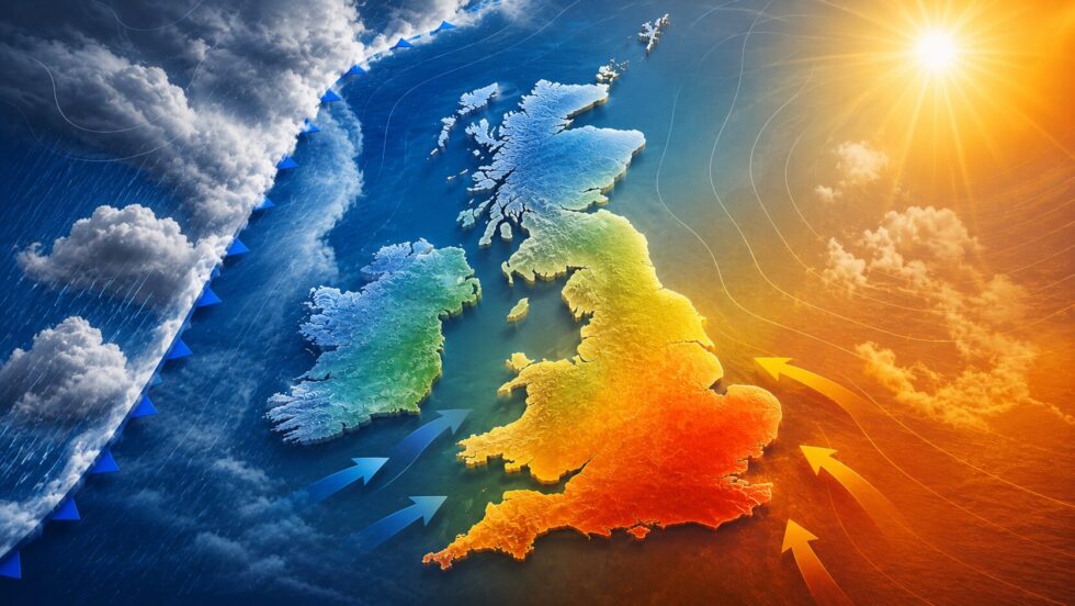 UK weather forecast heatwave Met Office for 17–26 May shows rising temperatures across London and Northern Ireland after cold snap, with highs near 25C, rain risk and pressure shifts