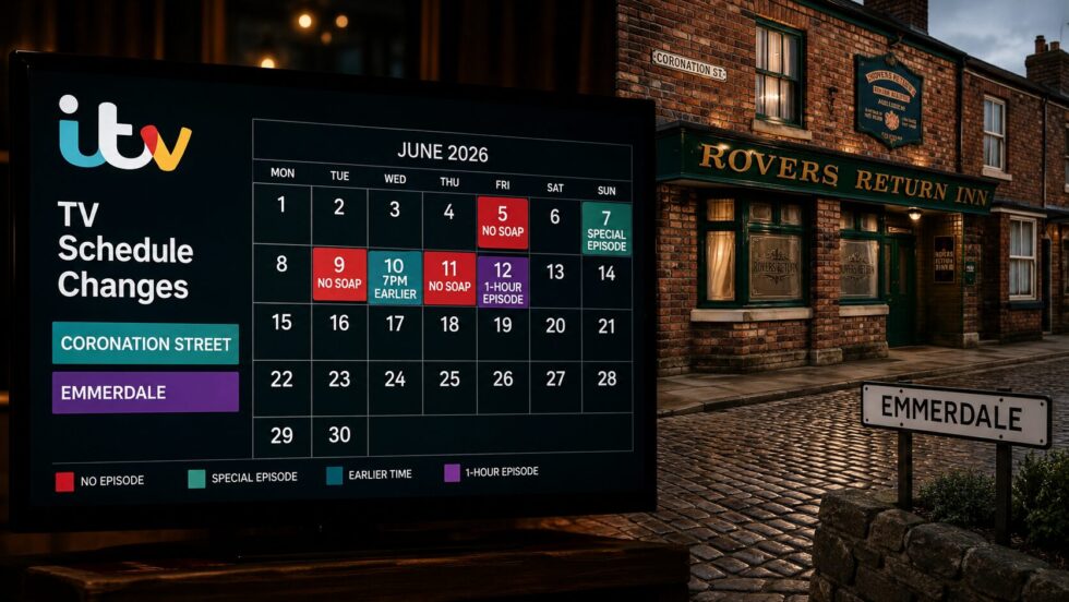 Coronation Street ITV schedule changes are affecting Corrie and Emmerdale throughout June 2026 as World Cup football coverage forces ITV to alter soap schedules, add Sunday episodes and introduce special hour-long broadcasts.