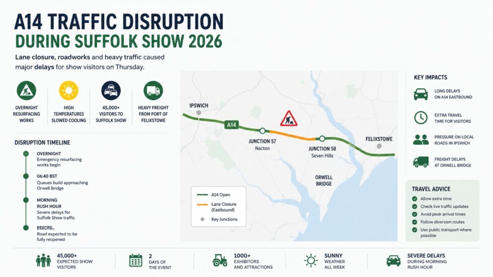 A14 traffic delays near Ipswich and the Orwell Bridge disrupted Suffolk Show 2026 as thousands travelled to Trinity Park during lane closures, resurfacing repairs, freight congestion and heavy morning queues across Suffolk.