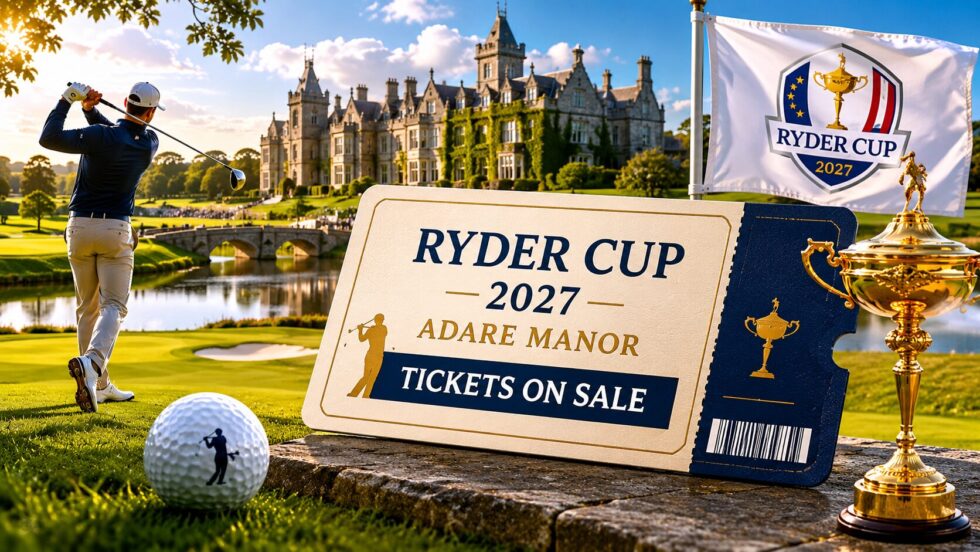 Buy Ryder Cup tickets for Adare Manor 2027 with full details on prices, ticket releases, travel from Britain, hotels, resale rules and official booking access for fans.